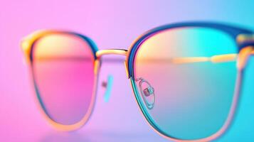 Colorful sunglasses resting against a vibrant gradient background creating an artistic and playful visual effect in a bright and sunny setting photo