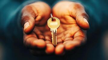 Hands holding a shiny key against a blurred background, showcasing focus on the object in a close-up view during daylight hours photo