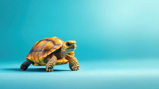 Tortuga camina a través de un brillante azul superficie exhibiendo sus vibrante cáscara patrones en un calma interior ajuste durante luz horas foto