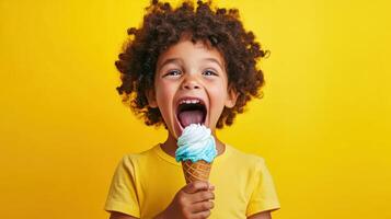 Excited child enjoys colorful ice cream cone against bright yellow background during sunny day in a vibrant park photo