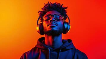 Young man enjoying music with headphones against a vibrant orange and yellow background, showcasing a moment of relaxation and connection with sound photo