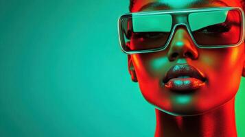 Model poses confidently with stylish oversized sunglasses against a vibrant green and red background, highlighting the interplay of colors and light photo