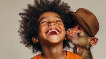 Joyful interaction between a child and a monkey in a playful indoor setting captured during a fun moment filled with laughter photo