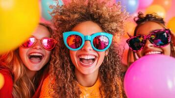 Three friends enjoy a colorful celebration in a vibrant setting filled with balloons and laughter during a joyful gathering or party photo