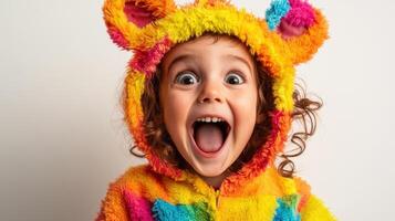 Happy child wearing colorful bear hoodie with joyful expression against plain background photo