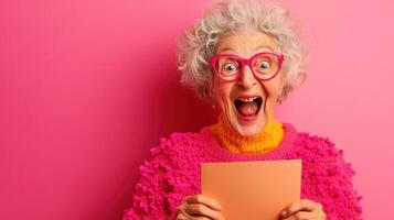 Elderly woman with curly gray hair smiles joyfully while holding a colored paper in front of a vibrant pink background during a cheerful indoor setting photo