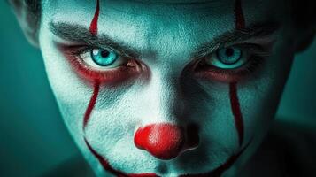 Clown in eerie lighting with striking blue eyes and detailed face paint during an artistic photography session photo