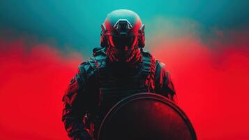 Soldier in tactical gear stands ready with shield against a dramatic color backdrop during a training exercise at dusk photo