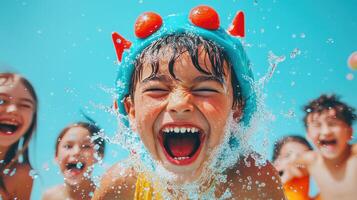 Children enjoy playful water splashes at a summer pool party while wearing colorful hats in a vibrant outdoor setting during bright daylight photo