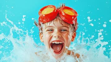 Child laughing joyfully while splashing water in a pool on a sunny day wearing bright orange goggles photo