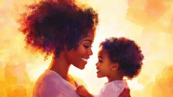 Mom and child sharing a joyful moment of connection during sunset, capturing the warmth of their bond in a serene and beautiful environment photo