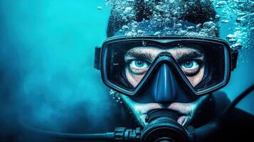 Diver explores underwater world with striking blue eyes and full gear during an adventurous dive in a vibrant marine environment photo