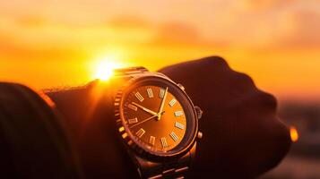 Golden sunset reflects on elegant watch as time ticks away during a serene evening in a peaceful outdoor setting photo