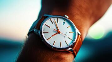 Stylish wristwatch displaying vivid orange hands against a blurred sunset background near water during early evening hours photo