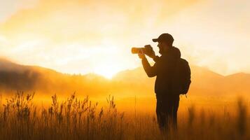 Golden hour captures a photographer silhouetted against a vibrant sunset in a tranquil field surrounded by mountains photo