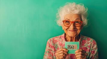 Joyful older woman holds vintage stamps against a vibrant turquoise background, showcasing her passion for collecting during a sunny afternoon at home photo