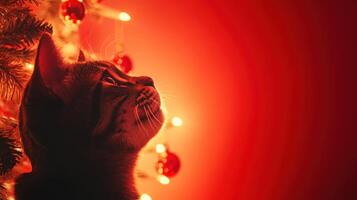 Cat gazes at glowing holiday decorations while standing near a Christmas tree adorned with lights and ornaments during a festive indoor evening photo