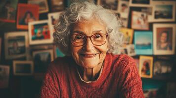 Smiling elderly woman with white curly hair in cozy interior surrounded by colorful photographs and memories photo
