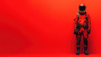 Space explorer stands against vibrant red background while showcasing futuristic space suit in a modern design setting photo