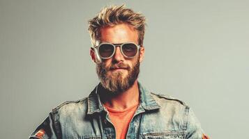 Confident man with stylish sunglasses and rugged denim jacket poses against a neutral backdrop in an indoor setting photo
