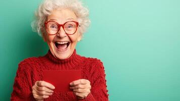 Elderly woman with curly white hair and red glasses joyfully holding a bright red card against a teal background, showcasing an expression of happiness and excitement photo