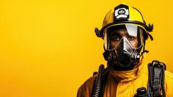 Firefighter in protective gear stands confidently against a bright yellow background while preparing for a crucial emergency response amidst the bustling city environment photo