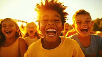Children laughing joyfully at sunset during a summer day in a park filled with fun activities and friends enjoying each other's company photo