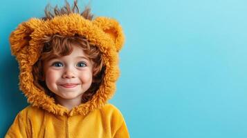 Smiling child dressed in a lion costume with bright blue background during a playful moment photo