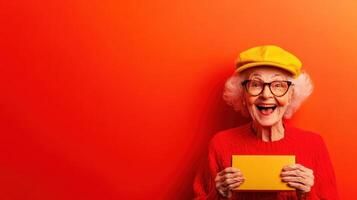 Elderly woman with joyful expression holding yellow envelope against bright orange background in a cheerful moment photo