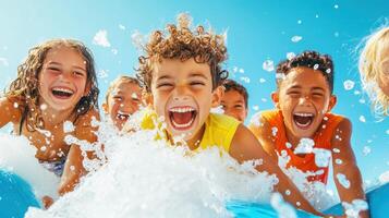 Kids enjoying a summer day at the pool, splashing water and laughing together with joy, creating lasting memories in the bright sunshine photo