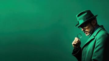 Mysterious man in a green hat and coat examining clues with a magnifying glass against a vibrant green background photo