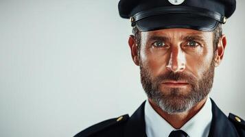 Man in uniform with a serious expression poses for a close-up during a photo shoot in a studio setting, showcasing a professional appearance