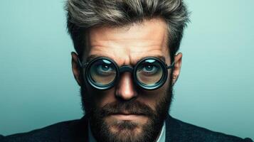 Man with stylish glasses displays an intense expression against a light background, showcasing a unique blend of fashion and personality in a creative portrait setting photo