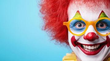 Joyful clown with bright red hair and colorful makeup smiles directly at the camera, creating a playful and cheerful atmosphere indoors photo