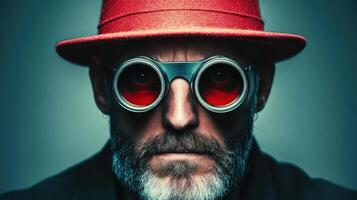 Person wearing a red hat and round black glasses with red lenses stares intensely against a dark background in a studio setting photo