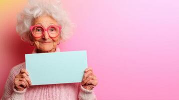 Elderly woman with curly white hair wearing pink glasses holds blank card in front of pink gradient background during a cheerful moment photo
