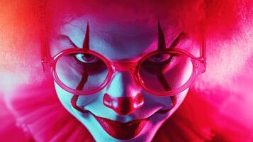 Clown with vivid makeup and colorful lighting at a carnival dressed for performances engaging the audience during nighttime festivities photo