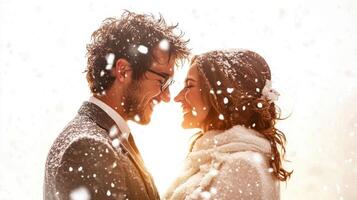 Couple embraces in a snowy landscape during sunset, capturing a moment of love and joy amidst the falling snowflakes in a winter wonderland photo