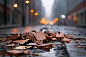 Crowded urban street overwhelmed by debris following heavy spring rains and building facade collapse photo