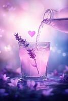 Refreshing lavender lemonade pours with heart-shaped petals in a tranquil setting photo