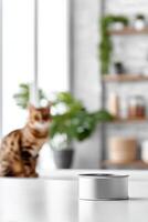 Stylish cat food container mockup with a playful cat in a modern kitchen environment photo