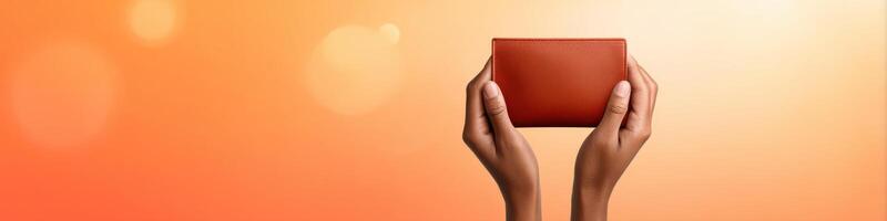 Playful illustration of hands holding a cartoon-style wallet against a vibrant gradient background photo