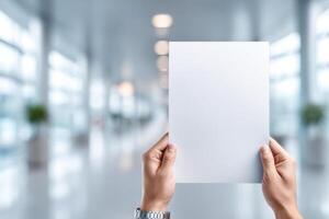 Hands holding a blank paper sheet in a bright office setting with plenty of space for text above photo