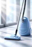 Close-up view of a blue vacuum cleaner showcasing its design and functionality in a bright indoor setting photo