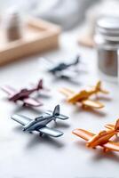 Bright mockup displaying various model airplane kits on a clean white surface photo