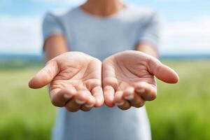 Hands showcasing a vibrant landscape picture against a colorful gallery backdrop for marketing purposes photo