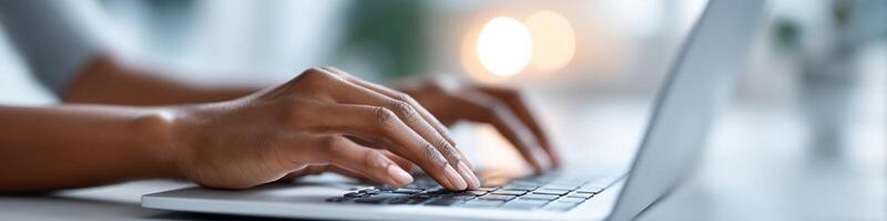Close-up of hands typing on a laptop while searching for part-time jobs amid study materials photo