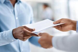 Exchange of onboarding materials highlights support and collaboration in a modern office environment photo