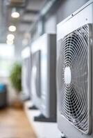 Close-up examination of modern heat pumps showcasing design and functionality in a bright setting photo