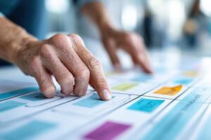 Hands organizing workflow charts on a colorful board to enhance planning skills and improve processes photo
